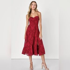 NWOT Lulus Burgundy Floral Jacquard Midi Dress Size XXL=16/18